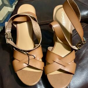Express Women's Brown Leather Strap Wedge Sandals
